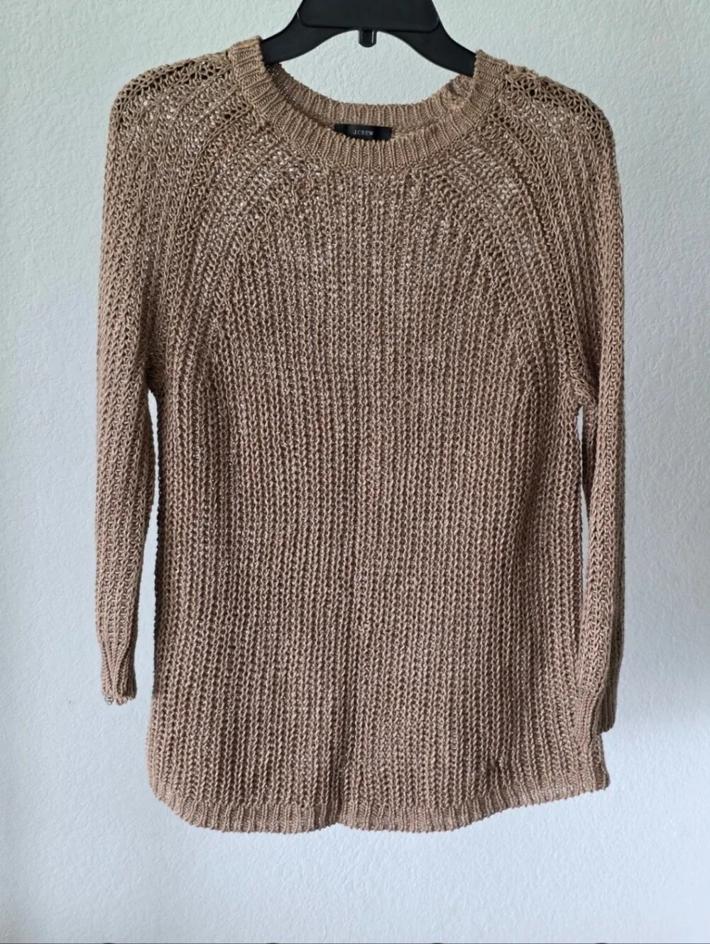 J.Crew XS Tan Open Knit Sweater Lightweight Sheer Coastal Boho Pullover